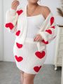 SHEIN Privé Plus Heart Pattern Drop Shoulder Duster Cardigan & Knit Skirt