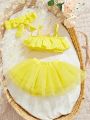 Newborn Baby Girl 3pcs/Set, Spring/Summer Yellow Halter Mesh Skirt With Ruffle Hem, Headband, For Photography Shoot, Elegant And Beautiful