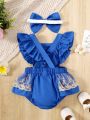 Baby Girl Elegant Gold Embroidery Jumpsuit With Flared Sleeves And Multiple Ruffled Skirt Design