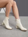 SHEIN BIZwear Zipper Back Ladies Fashionable Square Toe Heel Ankle Boots