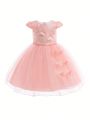 Young Girls Flower Embroidered Butterfly Applique Mesh Pompadour Dress