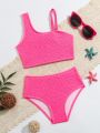 Little Girls' Asymmetric Neckline Swimsuit Set In Pink
