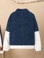 SHEIN Kids EVRYDAY Tween Boy Two Tone Letter Embroidery Kangaroo Pocket Drop Shoulder Fuzzy Sweatshirt