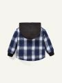Cozy Cub Baby Boy Plaid Print Letter Patched Hooded Coat