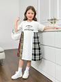 SHEIN Kids EVRYDAY Young Girl Knitted Color Blocking Plaid Dress With Loose Fit And Round Neckline
