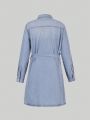 Teen Girls' Light Blue Outdoor Casual Long Sleeve Denim Shirt Dress With Loose Fit And Tie