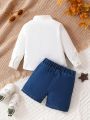 2pcs/Set Baby Boys' Dinosaur Embroidered Long Sleeve Top And Denim Washed Shorts