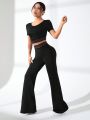 SHEIN Daily&Casual Women's Black Round Neck Sports Tracksuit