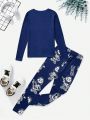 SHEIN Cartoon Print Pattern Round Neck Pullover Top And Pants Loungewear Set For Boys
