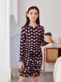 SHEIN Kids Y2Kool Girls' Everyday Ruched Knit Round Neck Slim Fit Dress
