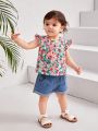 SHEIN Baby Girls' Casual Knitted Short Flying Sleeve Top With Floral Pattern