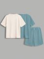 SHEIN Kids EVRYDAY Tween Boys' Casual Vacation Solid Color Short Sleeve T-Shirt And Shorts Set