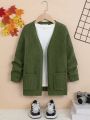 SHEIN Kids Academe Boys' Loose Fit Cardigan Sweater With Drop Shoulder, Long Sleeve & Pockets