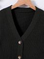 Big Girls' Black V-neck Long Sleeve Cardigan With Buttons