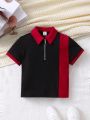 SHEIN Kids EVRYDAY Boys' Casual Comfortable Contrast Color Half Zipper Short Sleeve Polo Shirt With Turn-down Collar And Patchwork Design