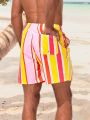 Manfinity Men's Drawstring Waist Color Block Striped Printed Beach Shorts