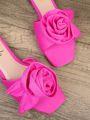 Square Toe Rose Detail Slip On Flat Sandals