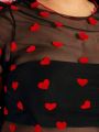 SHEIN CURVE+ Plus Size Women's Heart Mesh Short Sleeve Top