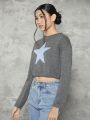 Teen Girl Star Pattern Drop Shoulder Crop Sweater