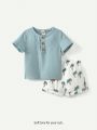 Cozy Cub Baby Boys' Solid Color Half-Buttoned Round Neck Short Sleeve Top And Tropical Plant Pattern Casual Shorts Set
