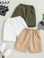 SHEIN Kids EVRYDAY Young Boy Coordinated Casual Shorts, Set Of Three, Straight Cut, Mid-Length, Solid Color With Slant Pockets