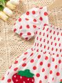 SHEIN Kids CHARMNG Toddler Girls' Lovely Strawberry & Polka Dot Print Bubble Sleeve Dress With Embroidered Towel Decoration