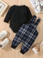 Toddler Boys' Plaid Patchwork Long-Sleeve Shirt And Suspender Pants Set For Spring And Autumn