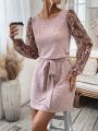 Women's Patchwork Printed Long Sleeve Belted Dress