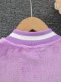 Tween Girl Letter Patched Striped Trim Drop Shoulder Flannel Varsity Jacket Without Tee