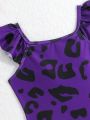 Young Girls' Purple Leopard Print Swimsuit (Random Print) With Ruffles Decoration And No Edge Locking