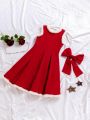 SHEIN Kids FANZEY Tween Girl's Knitted Solid Color Round Neck Fake Top Sleeveless Bow Elegant Dress
