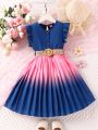 SHEIN Kids CHARMNG Young Girl Casual Elegant Ladylike Charming Fashionable Gradient Pleated Hem Sleeveless Dress For Spring And Autumn Vacation