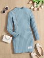 SHEIN Kids EVRYDAY Tween Girl Fashionable Solid Color Knitted Slim Fit Turtleneck Dress With Patch Detail