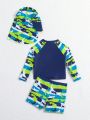 Infant Boys' Color Block Shark Patterned Long Sleeve Rashguard Top And Shorts Swimwear Set With Swimming Cap