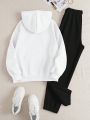 Women's Letter Printed Drawstring Hoodie And Sweatpants Two Piece Set With Fleece Lining