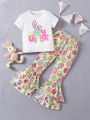 SHEIN Kids QTFun Young Girl Easter Cute Rabbit & Letter Printed Top And Colorful Egg Printed Flared Pants Set, Summer Outfits