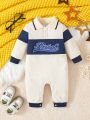 SHEIN Baby Boys' Letter Embroidered Color Block Romper