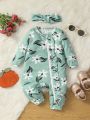 Baby Girl Floral Printed Zippered Shortall Jumpsuit With Hairband