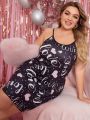 Plus Size Black Base Pink Heart Print Cami Sleep Dress