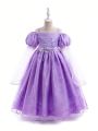 Young Girls' 1pc Ribbon Tie Mesh Tutu Dress With Crown Accessory