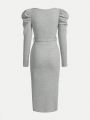 SHEIN Teen Girls' Solid Color Ribbed Knit Leg Of Mutton Sleeve Bodycon Casual Dress