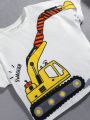 SHEIN Kids QTFun 2pcs/Set Young Boys' Cute Sporty Cartoon Excavator Design Round Neck Short Sleeve Loose T-Shirt And Denim Look Shorts, Suitable For School, Outing, Party, Daily Wear, Spring And Summer Seasons