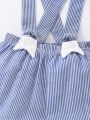 SHEIN Kids EVRYDAY Toddler Boys' Blue Fine Striped Overalls Jumpsuit With Hat Set