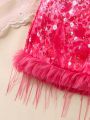 SHEIN Kids EVRYDAY Girls' Pink Sequin Print Party Skirt For Spring/Summer