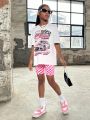 SHEIN Kids Cooltwn Tween Girls' Cool Street Style Knit Round Neck Short Sleeve T-Shirt And Plaid Pattern Shorts Set