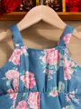 Infant Girls' Fashionable Elegant Floral Pattern Printed Sleeveless Jumpsuit With Shoulder Straps For Summer