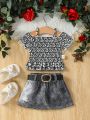 Baby Girls' Fashionable And Trendy Street Style One Shoulder Top With Denim Print Skirt For Cool Spring/Summer Look