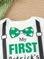 Baby Boy Letter Printed Short Sleeve Romper And Striped Pants Set