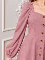 SHEIN Teenage Girls' Woven Solid Color Velvet Casual Dress With Diamond Neckline