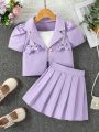 SHEIN Kids FANZEY 3pcs/Set Young Girl's Puff Short Sleeve Jacket With Bow Decoration, Camisole Top And Pleated Skirt